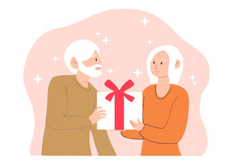 Elderly couple concept. Grandmoter give present for grandfather. Old family with gift box. Holiday and festival. Love and romance. Template and mock up. Cartoon flat vector illustration