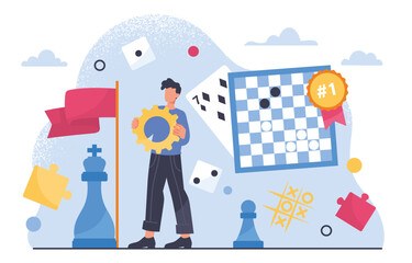Fototapeta na wymiar Man with board games concept. Faun and entertain,ment, leisure. Young guy near chess, checkers and playing cards. Person with dice, puzzles and tic tac toe. Cartoon flat vector illustration