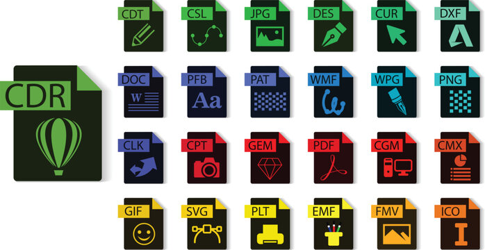 Coreldraw file format collection, CDR, WPG, FMV, DES, GEM, EMF, SVG, PNG, JPG, DOC, PDF, DXF, ICO, CSL, PFB, PLT, PAT, CPT, CUR, CMX, CLK, CGM, GIF, WMF, File type vector and icons.
