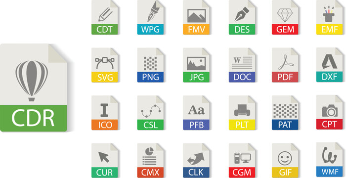 Coreldraw file format collection, CDR, WPG, FMV, DES, GEM, EMF, SVG, PNG, JPG, DOC, PDF, DXF, ICO, CSL, PFB, PLT, PAT, CPT, CUR, CMX, CLK, CGM, GIF, WMF, File type vector and icons.
