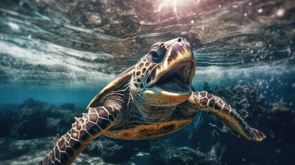 Obraz premium Portrait of a sea turtle swimming underwater in the ocean, underwater world. Generative AI