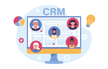 CRM at computer concept. Customer relationship management. Team working at business project or start up. Partnership and teamwork. Marketing on Internet. Cartoon flat vector illustration