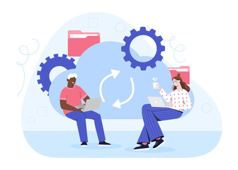People with data storage concept. Man and woman exchange documents on Internet. Electronic storage and cloud service. Workers with corporate servers. Cartoon flat vector illustration