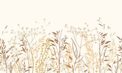 Vector illustration with wild and dry grass. Horizontal seamless pattern with meadow herbs. Autumn field. Natural earth tones. Art line style.