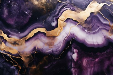 Elegant abstract artwork adorned with dark purples, blacks, mesmerizing marble swirls, agate ripples, and hints of gold. Generative AI - obrazy, fototapety, plakaty