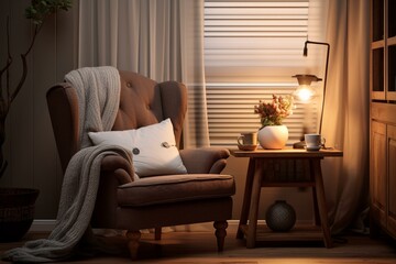 Image shows a cozy room with a comfortable armchair and a stylish coffee table. Generative AI