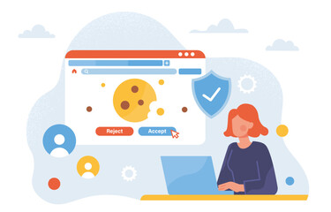 Woman with file cookies concept. Young girl with laptop at website page. Choice between reject or accept at site. User of internet with personal data. Cartoon flat vector illustration