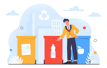 Man with garbage sorting concept. Zero waste and sustainable lifestyle. Recycling and reuse. Caring for ecology and environment, waste emissions reduction. Cartoon flat vector illustration