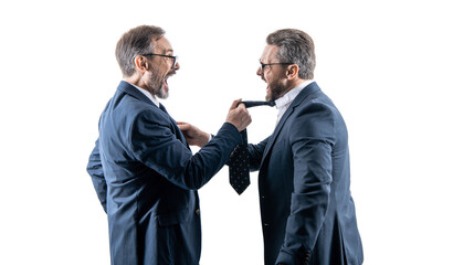 threatening business reputation. rival company threatening. businessmen threaten business men...