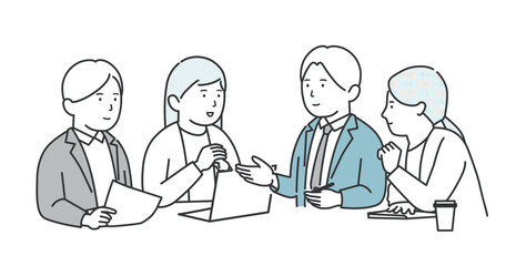 打ち合わせをする男女4人のイラスト