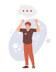 Happy man with speech bubble concept. Positivity and optimism. Young guy talking. Dialogue and discussion, chat. Imagination and fantasy. Poster or banner. Cartoon flat vector illustration