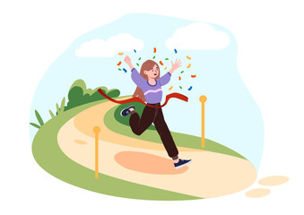 Happy runner winner concept. Woman runs into red ribbon with confetti. Young girl celebrates success at finish line. Competitions and tournament, marathon. Cartoon flat vector illustration