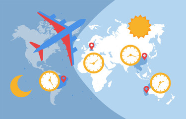 International time map concept. Airplane above continents. Travel and tourism, flight. Instruments for measuring of time. Template, layout and mock up. Cartoon flat vector illustration