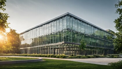 Fototapeta na wymiar Eco-Friendly Glass Office: Sustainable Building with Trees and Green Environment