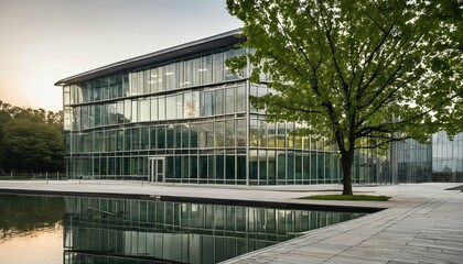 Obraz premium Eco-Friendly Glass Office: Sustainable Building with Trees and Green Environment