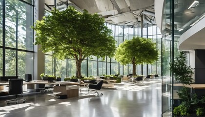 Glass office with eco-friendly design, featuring trees and green environment for sustainable building - obrazy, fototapety, plakaty