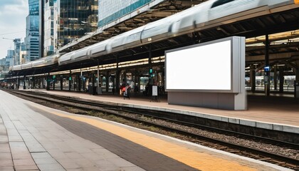 Train station in the city with big mockup of blank showcase billboard or advertising light box for your text message or media content, commercial, marketing and advertising concept