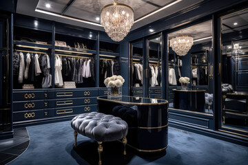 A Luxurious Walk-in Closet in Navy Blue and Gold Colors - A Haven for Fashion and Style