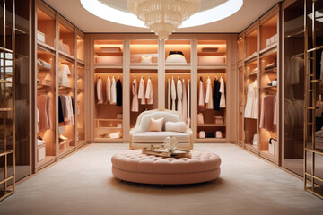 Luxurious Walk-in Closet in Peach and Gold Colors with Ample Storage and Elegant Décor