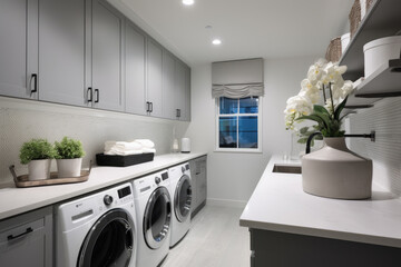 Industrial Style Laundry Room with Metal Accents and a Sleek Gray Color Scheme