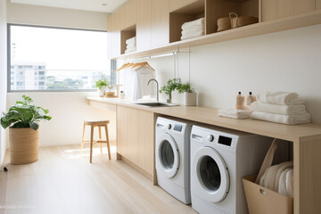 Bright and Airy Scandinavian Laundry Room with White and Light Wood Color Scheme