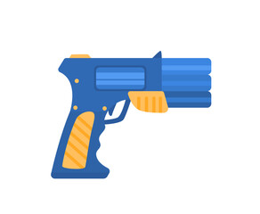 Laser tag gun concept. Blue pistol for fun and entertainment. Youth activity and leisure, shooting. Social media sticker. Cartoon flat vector illustration isolated on white background