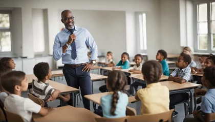 Foto op Canvas Black male educator talking to students in classroom - man teaching, elementary school children, education © ibreakstock