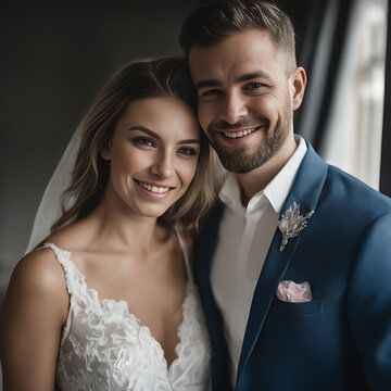 Hombre y mujer reci&eacute;n casados con traje y vestido de boda 