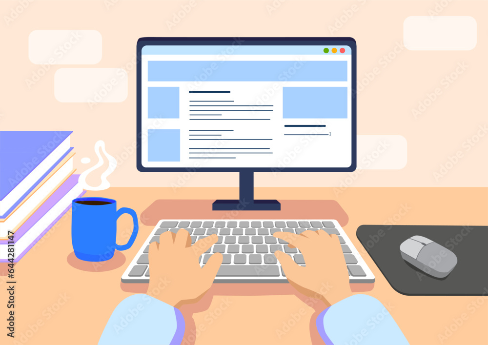 Poster manager fills website concept. webpage owner at computer. employee at workplace in office. programme