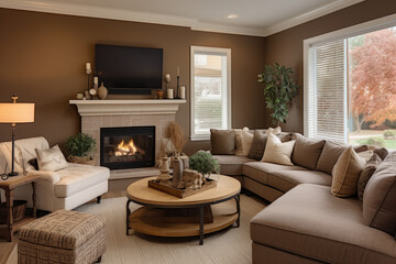 Cozy and Inviting Living Room with a Warm Brown Color Scheme, Perfect for Relaxing and Entertaining