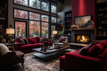 Elegant Maroon Haven: A Captivating Interior Photo of a Luxurious Living Room Immersed in Rich Maroon Colors