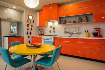 Step into the Groovy Past: A Vibrant and Chic Retro 1960s Mod Style Kitchen Interior - obrazy, fototapety, plakaty