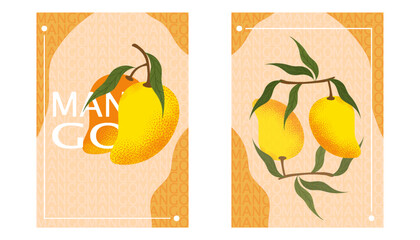Set of posters with mango. Dessert anddelicacy for summer season. Fruits with vitamins, healthy eating. Cover or banner for website. Cartoon flat vector collection isolated on white background