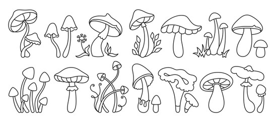 Mushrooms stylizes hippie symbol linear set. Mystical boho magic poisonous and contour edible mushrooms. Organic line poisonous psychedelic fungus 70s and 80s style. Icon botanical vector collection