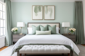 Serene Oasis: A Tranquil Bedroom Retreat with a Soothing Sage Green Color Scheme