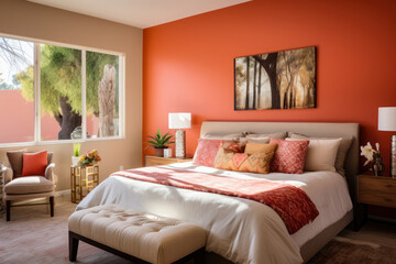 A Serene Oasis: A Bedroom Interior with a Captivating Coral Color Scheme, Exuding Warmth and Tranquility