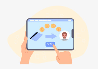Digital money transfer concept. Cashless electronic payment and transaction on internet. Banking mobile application and program. Character sending golden coins. Cartoon flat vector illustration