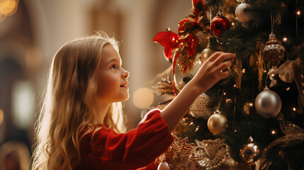 A lot of kids decorate a big Christmas tree