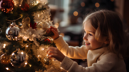 A lot of kids decorate a big Christmas tree