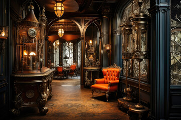 A Captivating Steampunk-inspired Hallway Interior with Intricate Gears, Vintage Furnishings, and Industrial Elegance