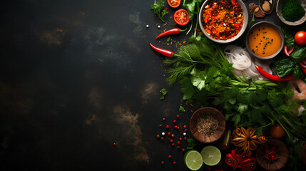  Asian food background with various ingredients on rustic stone background, top view. Vietnam or Thai cuisine