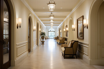 Serene and Inviting Beige Colored Hallway Interior with Elegant Decor and Abundant Natural Light