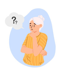 Old lady asks concept. Elderly woman with question. Memory problems and illness, dementia and alzheimer. Medical infographic and educational materials. Cartoon flat vector illustration