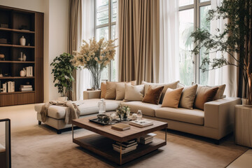 A Warm and Cozy Living Room Interior in Beige and Brown Colors, Perfect for Relaxation and Entertaining