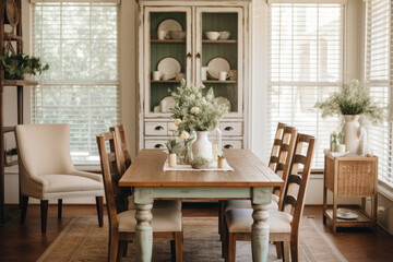Fototapeta na wymiar A Rustic Farmhouse Dining Room Oasis with Distressed Furniture and Vintage Accents