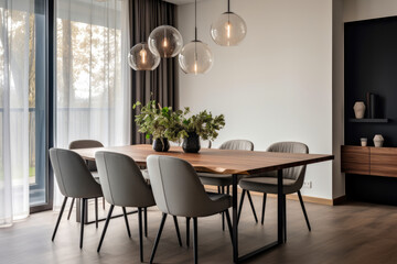 Elegantly Minimalistic Dining Room Interior in Contemporary Style, Emphasizing Clean Lines and Neutral Colors
