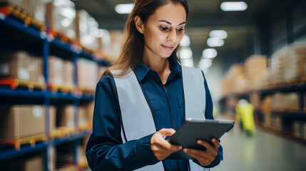 Woman with tablet walking in factory shop floor