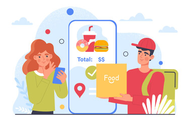 Ordering food online concept. Woman with smartphone near courier with box of eating. Home and fast delivery. Purchases on internet and digital transaction. Cartoon flat vector illustration