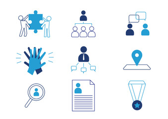 Organization management icons set. Teamwork and corporate ladder. Business and entrepreneurship. Collaboration and cooperation. Cartoon flat vector collection isolated on white background