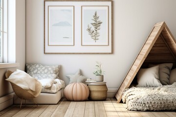 A wooden frame in a child's room with Scandi boho decor. Generative AI